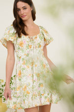 FLORAL FRONT TIE SCOOP NECK TIERED MINI DRESS