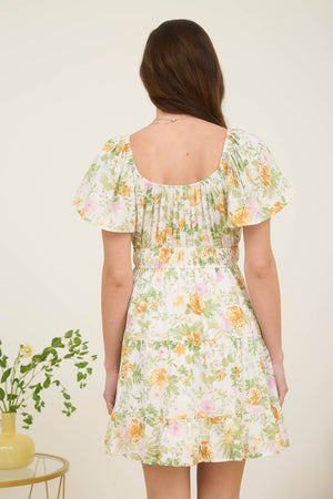 FLORAL FRONT TIE SCOOP NECK TIERED MINI DRESS