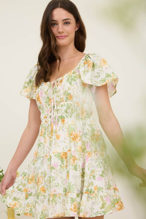 FLORAL FRONT TIE SCOOP NECK TIERED MINI DRESS