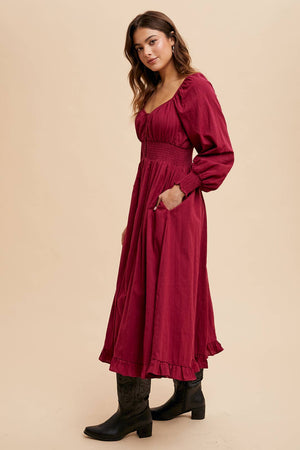 Gather Cotton Button Down Midi Dress