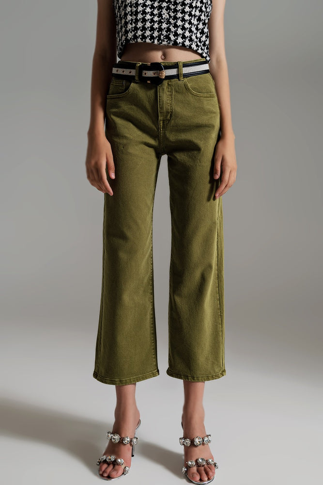 Olive Cropped Wide Leg Jeans