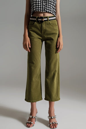 Olive Cropped Wide Leg Jeans