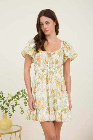FLORAL FRONT TIE SCOOP NECK TIERED MINI DRESS